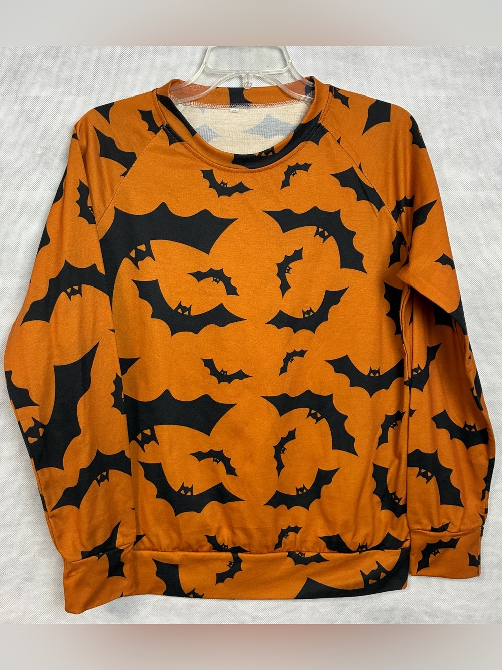 Halloween Bat Print Top Women’s Medium Orange Black Long Sleeve Lightweight